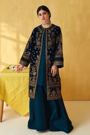 VELVET DRESS WITH EMBROIDERED ORGANZA NECKLINE, SLEEVES AND DYED PLAIN TROUSER