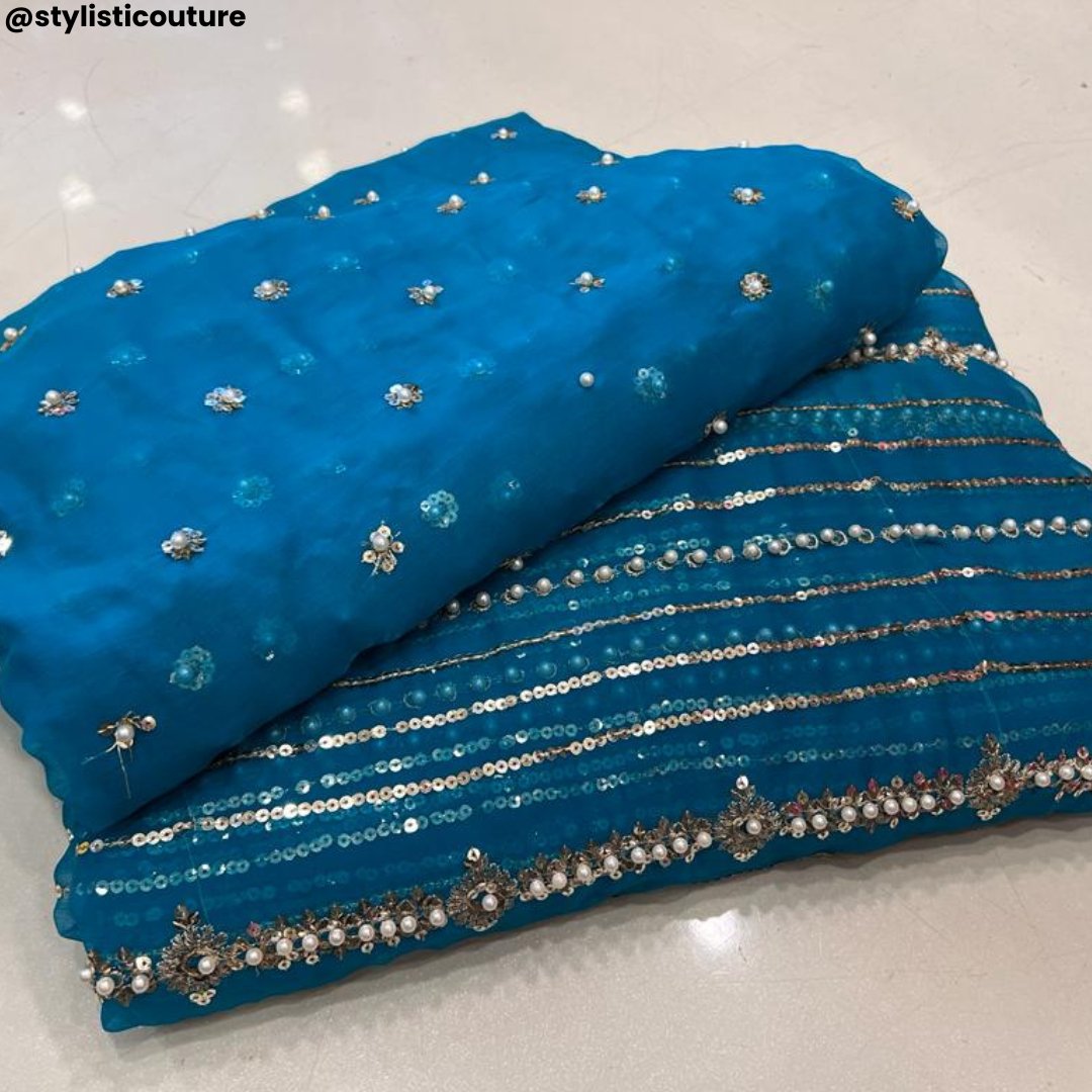 3pcs Zari & Chiffon Pearl Work Sequences - STYLISTICOUTURE