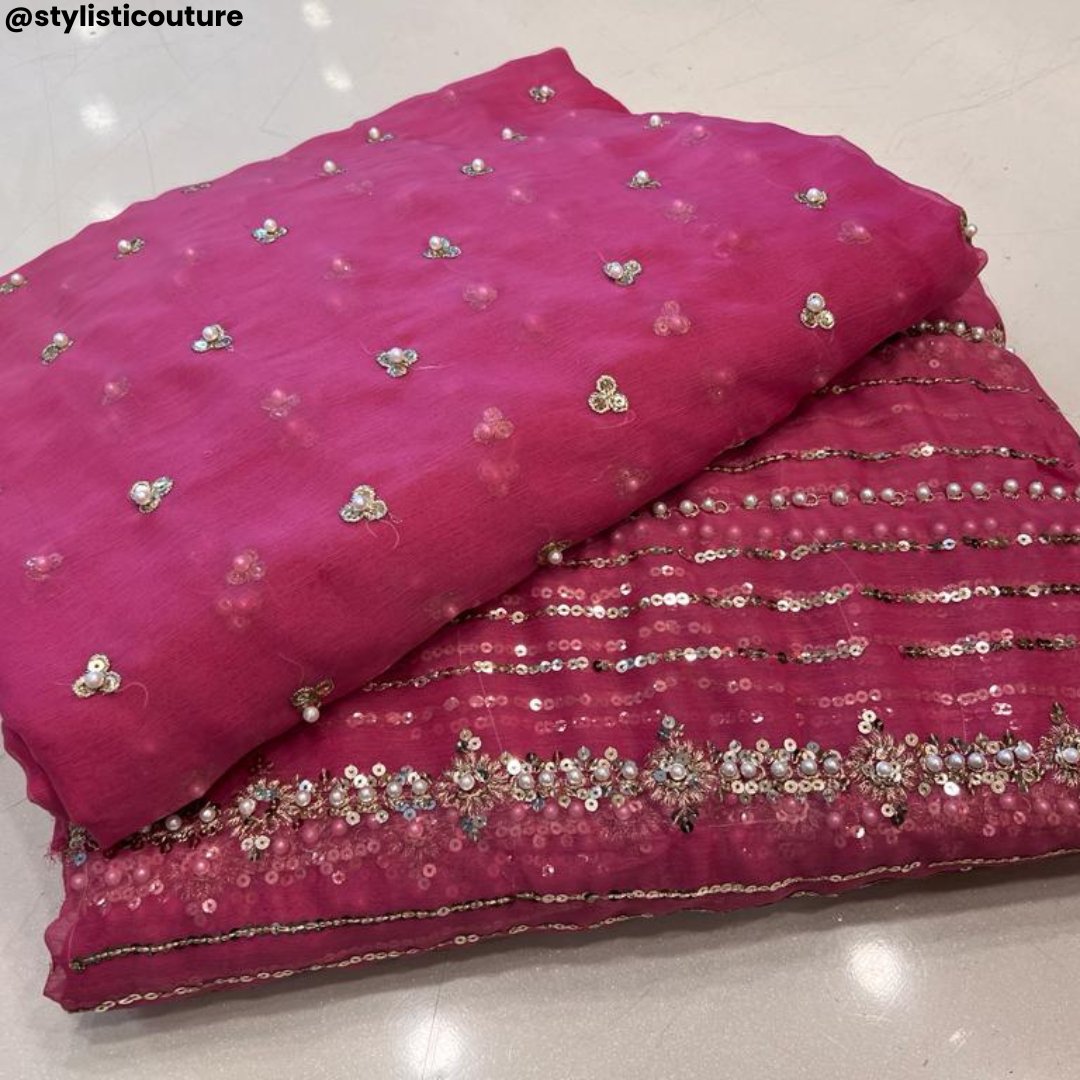 3pcs Zari & Chiffon Pearl Work Sequences - STYLISTICOUTURE